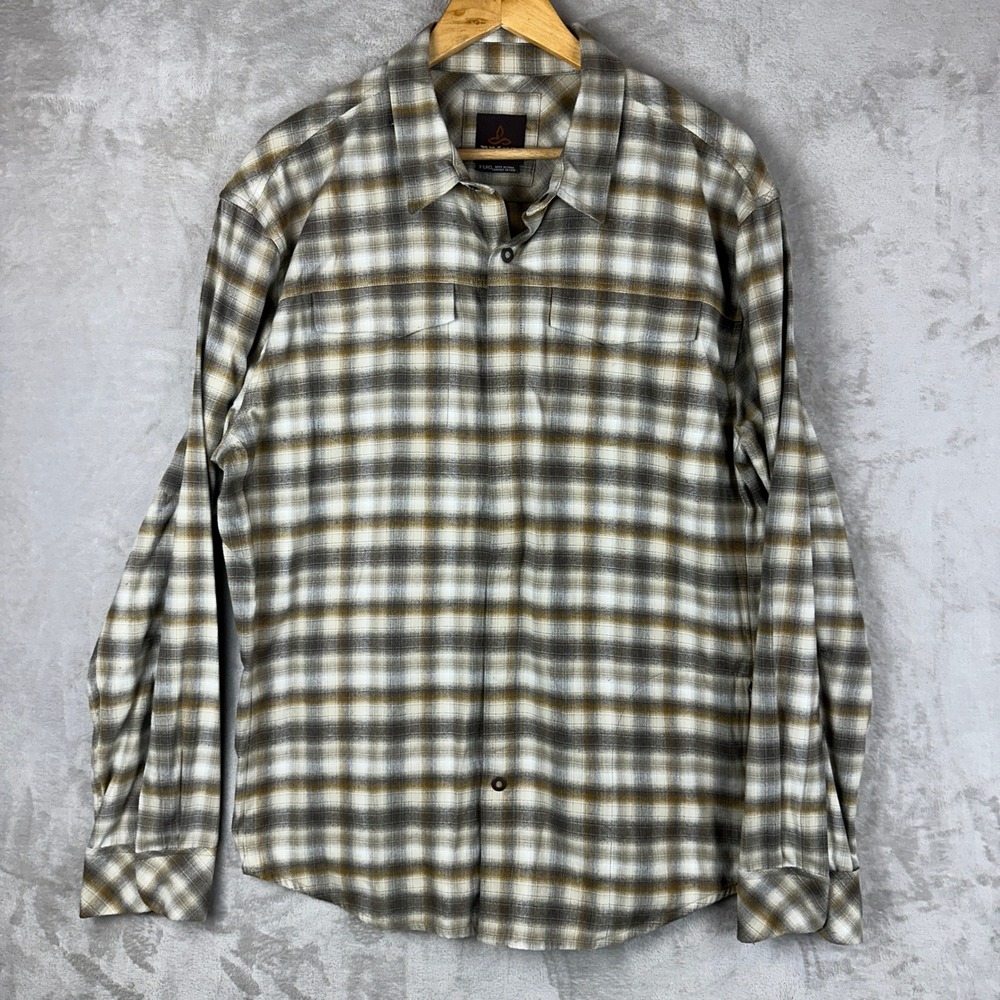 Prana Mens XL Brown White Plaid Snap Front Long Sleeve Shirt M23181373 Gorpcore